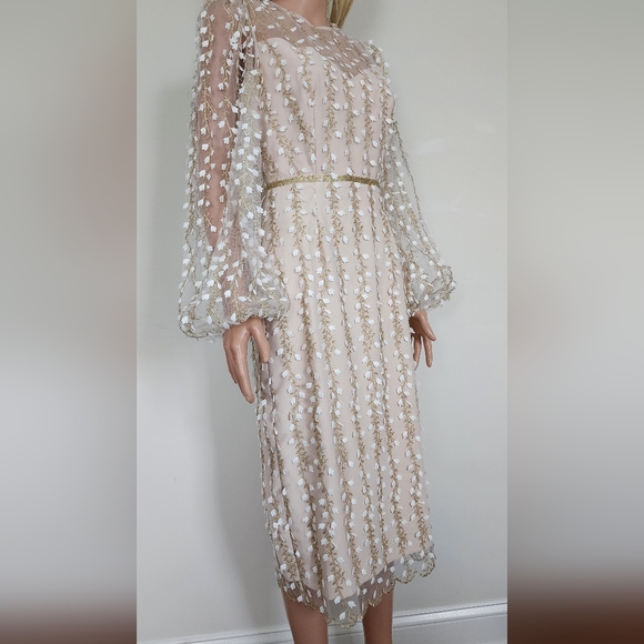 LICHI SHEER DRESS FLORAL EMBROIDERY DETAIL MIDI PENCIL DRESS MEDIUM - Picture 6 of 11